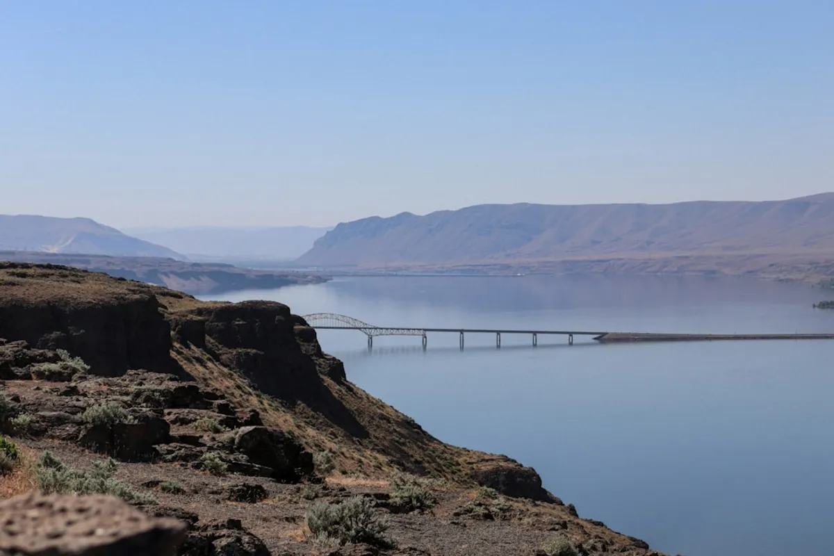 State DOT highway bridge embankment with rock bag scour protection at piers, US infrastructure